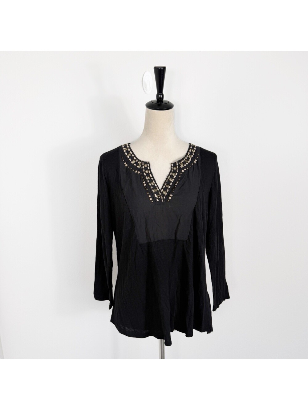 Lucky Brand Women's Black Peasant Blouse Boho  Top Beaded Size Large